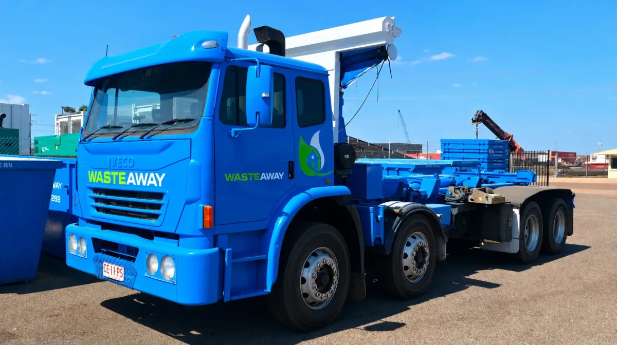 Blue NT Waste Away Iveco hook-lift truck at the East Arm depot